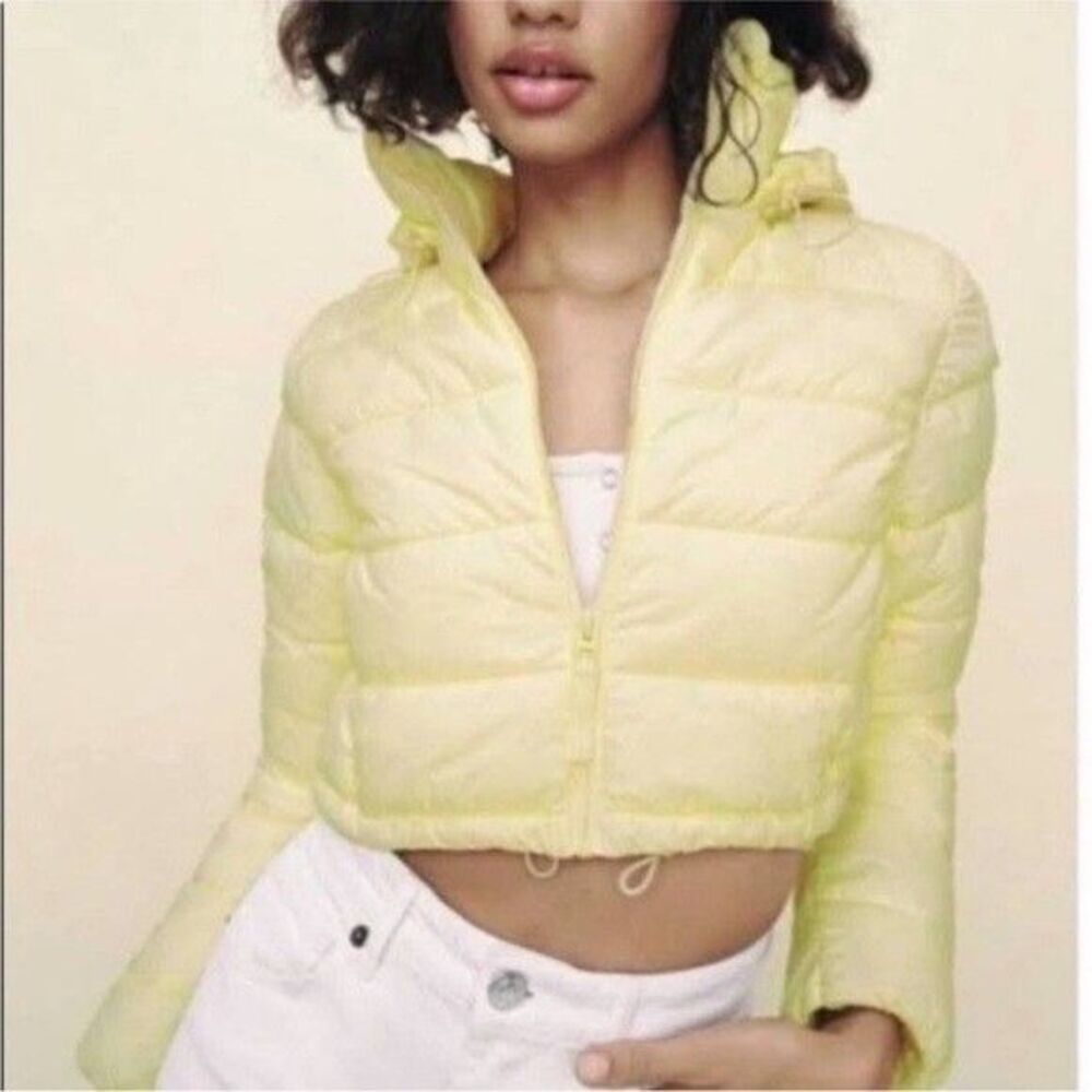 ZARA Cropped Puffer Jacket Yellow Hooded Zip Coat Women’s XXL